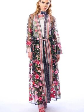 Aratta Dark Rose Embroidered Duster Maxi Length XL Pink & Black